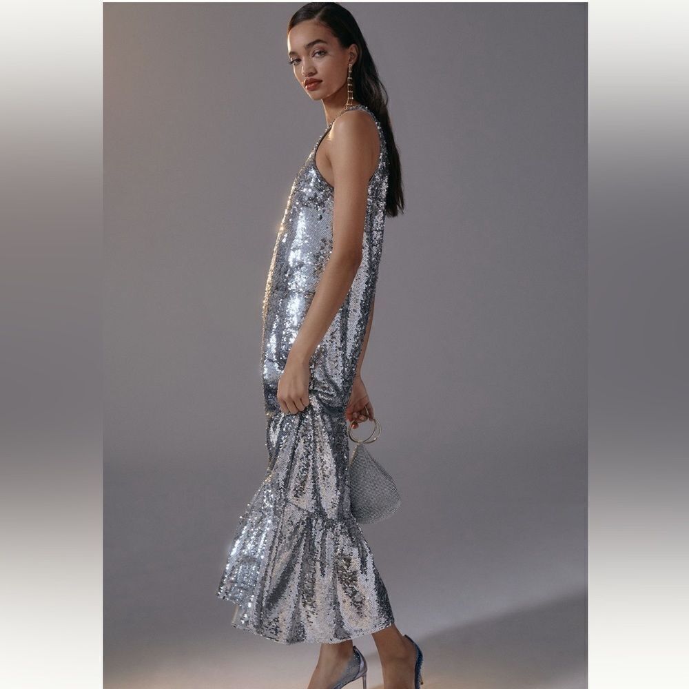 Anthropologie Silver Sequin Maxi Dress